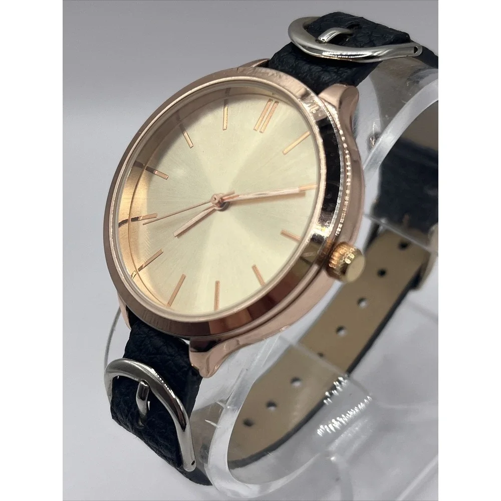 A New Day Women's Quartz Watch Rose Gold Case Black Band- New Battery‎